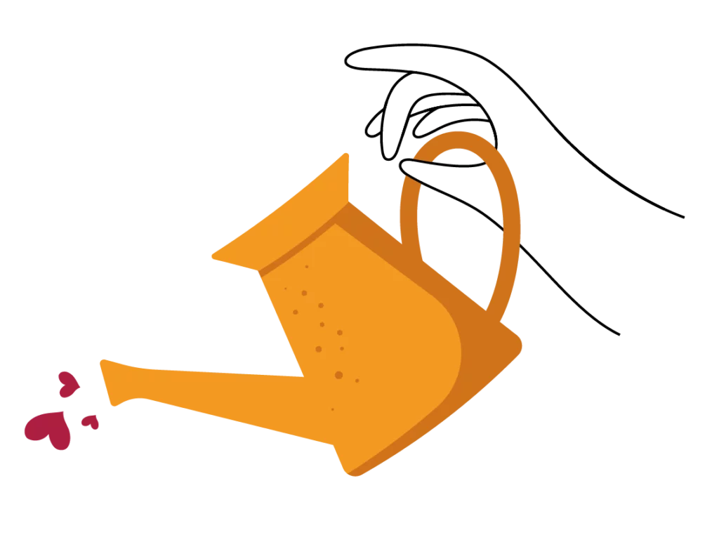 Arrosoir qui fait couler des coeurs dans les arbres, pour mettre en avant la métaphore de l'amour que Maison Pouget porte à ses arbres, ses vergers, ses pommes...