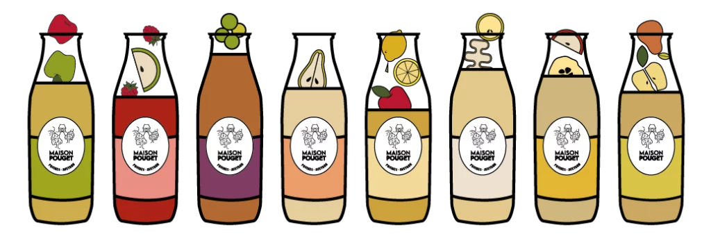 Les bouteilles de jus en version graphique, remplis des fruits qui les composent